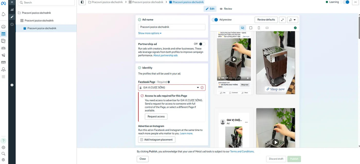 Editor reklamy v Meta Business Manageru s cizí facebookovou stránkou v identitě reklamy